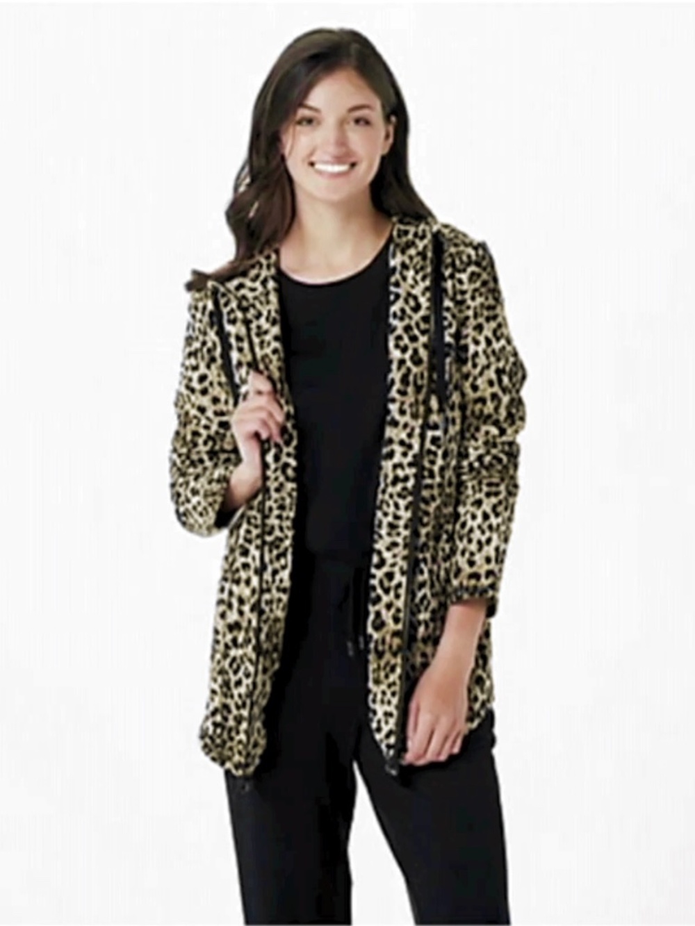Susan Graver Weekend French Terry Jacket with Hood - Leopard Print - EUC - 2X